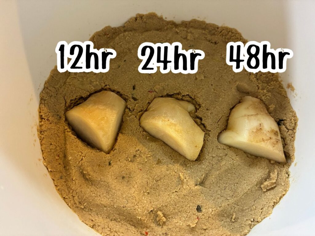 新生姜比較用3試料をぬか床に入れているところ